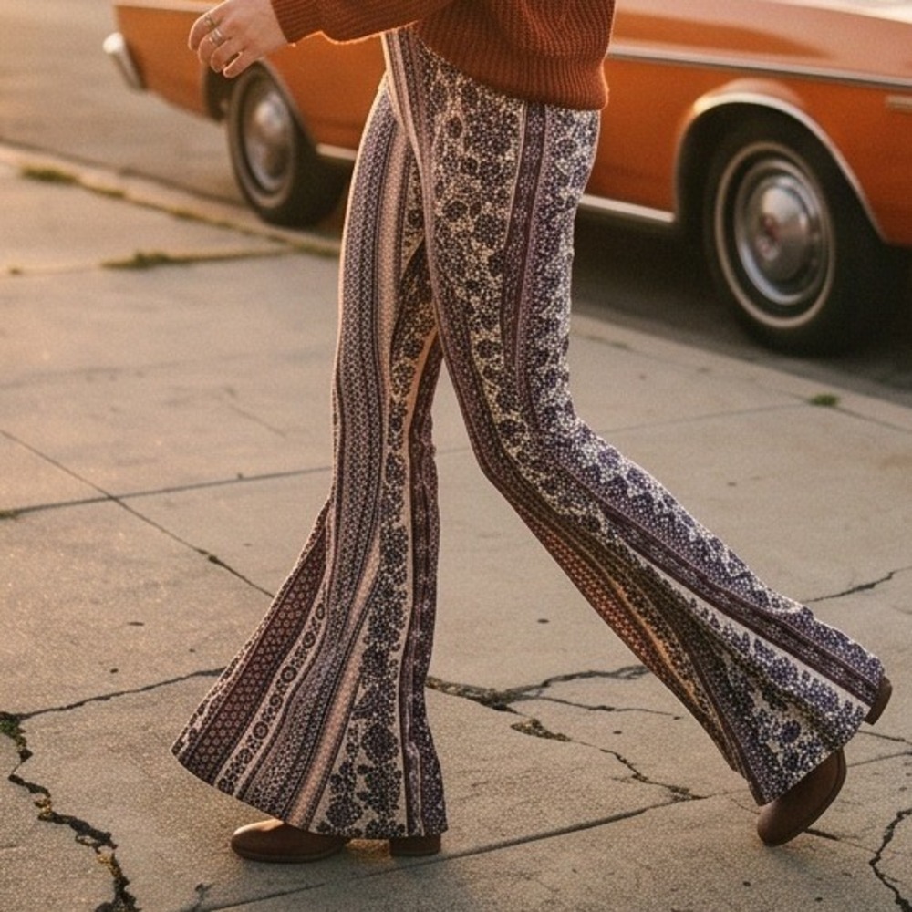 Nectar Clothing L Boho Floral Paisley Flare Bell Bottom Pants 70s Style NWT